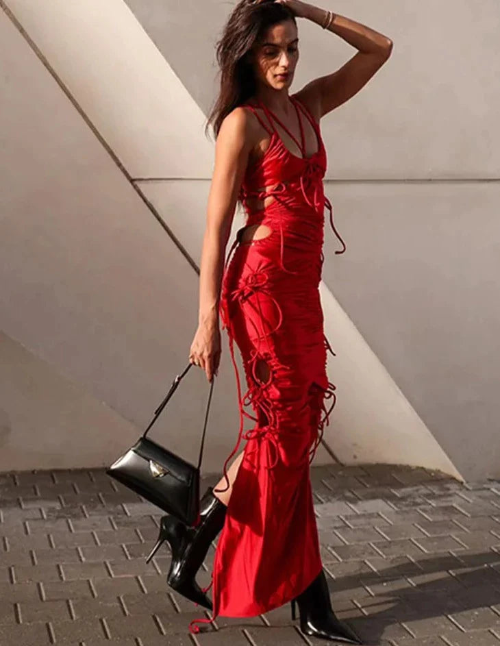 Red Hollow Out Lace Up Maxi Dress Sleeveless Backless Split Dress