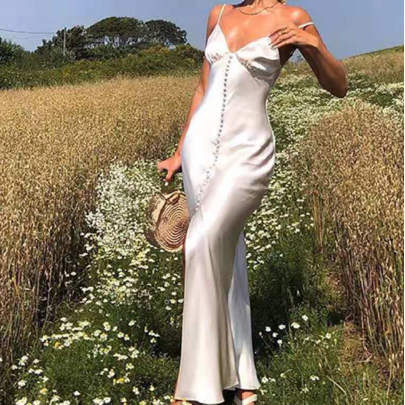 Women V-Neck Backless Split Sleeveless Solid Maxi Dress