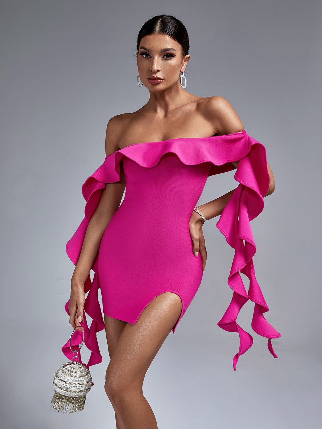 Off Shoulder Pink Ruffle Mini Dress Evening Club Outfit