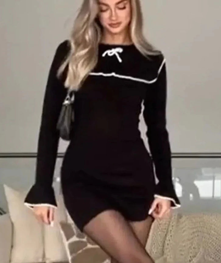 Patchwork Bow Knitted O-neck Flare Long Sleeve Mini Dress
