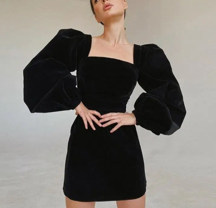 Puff Sleeves Square Collar Elegant Long Sleeve Short Dress