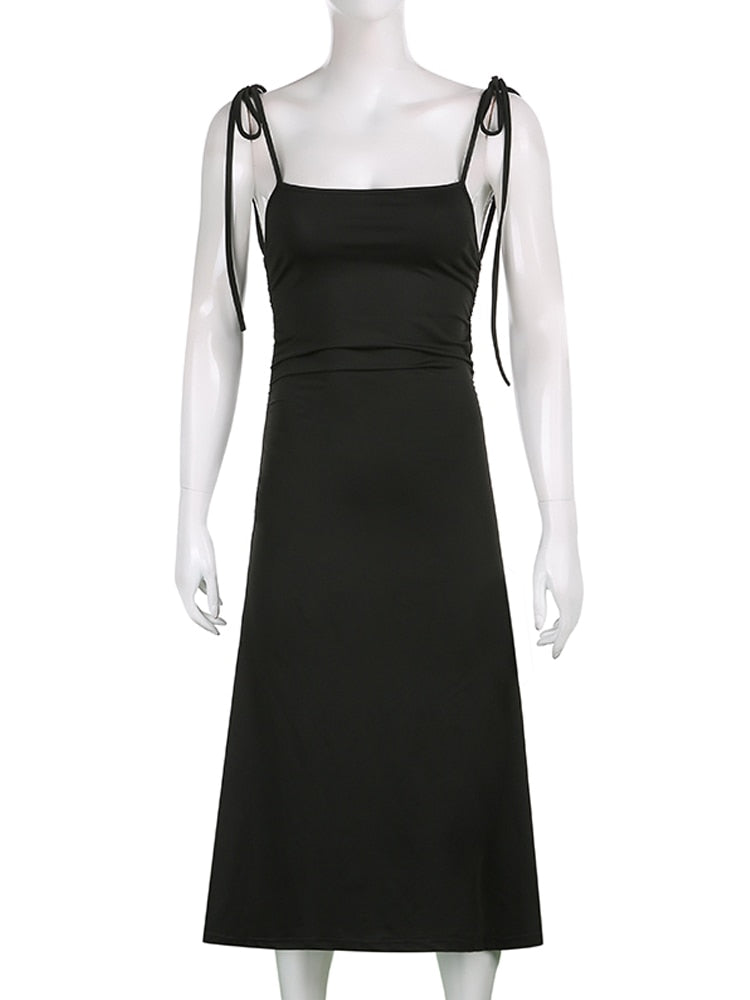 Strappy Ruched Black Midi Dress