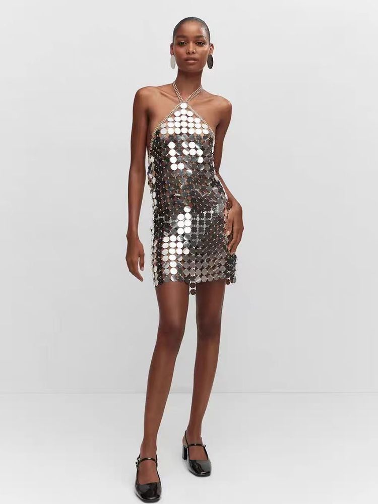 Women's V-neck Backless Silver Sequin Chain Mini Dress