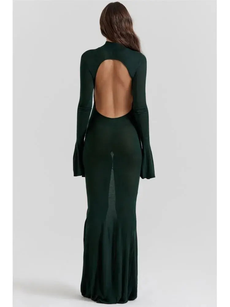 Black Dress See Through Flare Sleeve Turtleneck Floor Length Dress