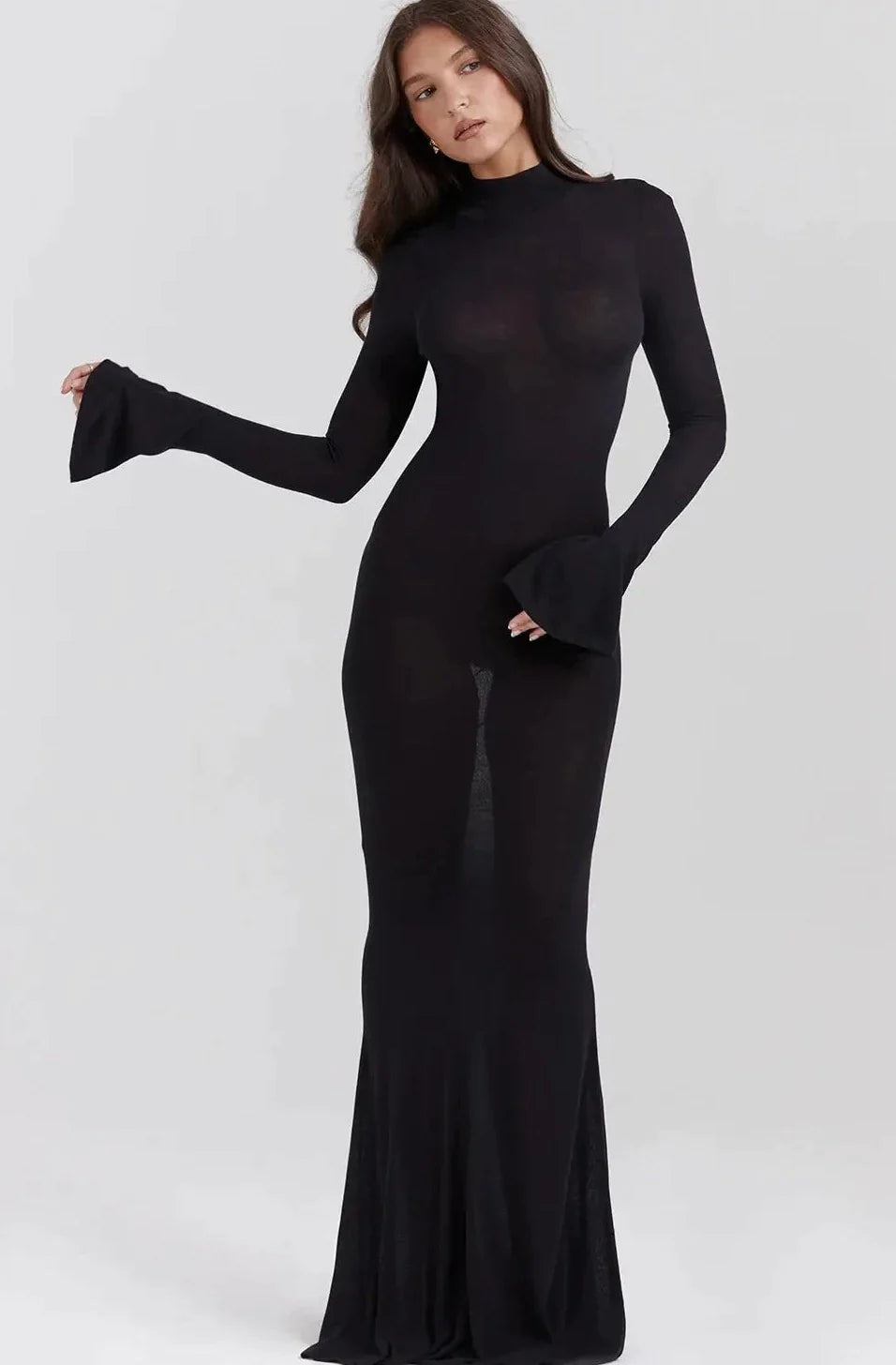 Black Dress See Through Flare Sleeve Turtleneck Floor Length Dress