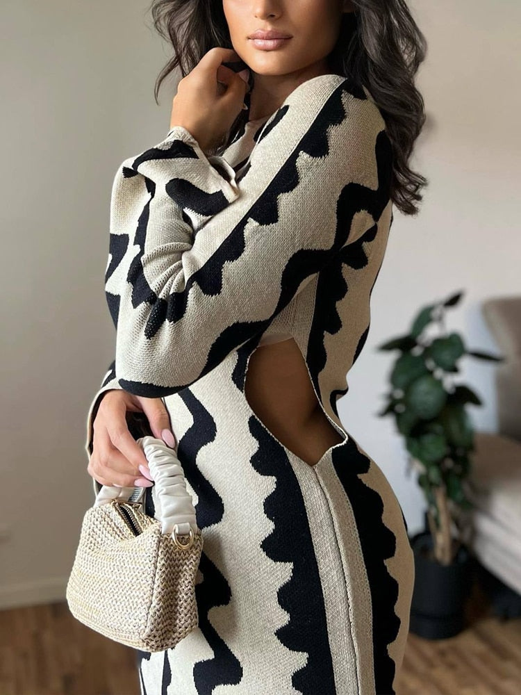 Knitted Flare Long Sleeve Cut Out Wave Evening Outfit