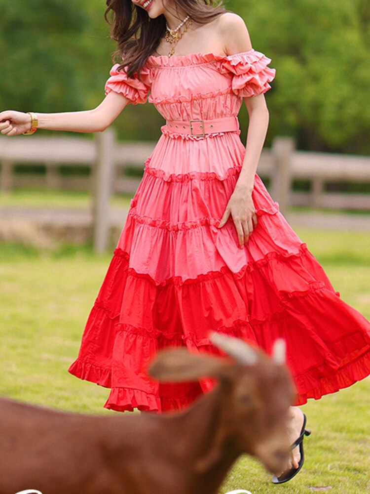 Slash Neck Short Sleeve Patchwork Midi Dress