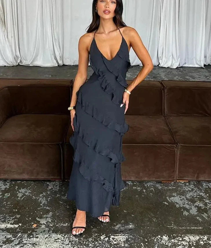 Dark Blue Dress Solid Ruffles V Neck Halter Maxi Dress