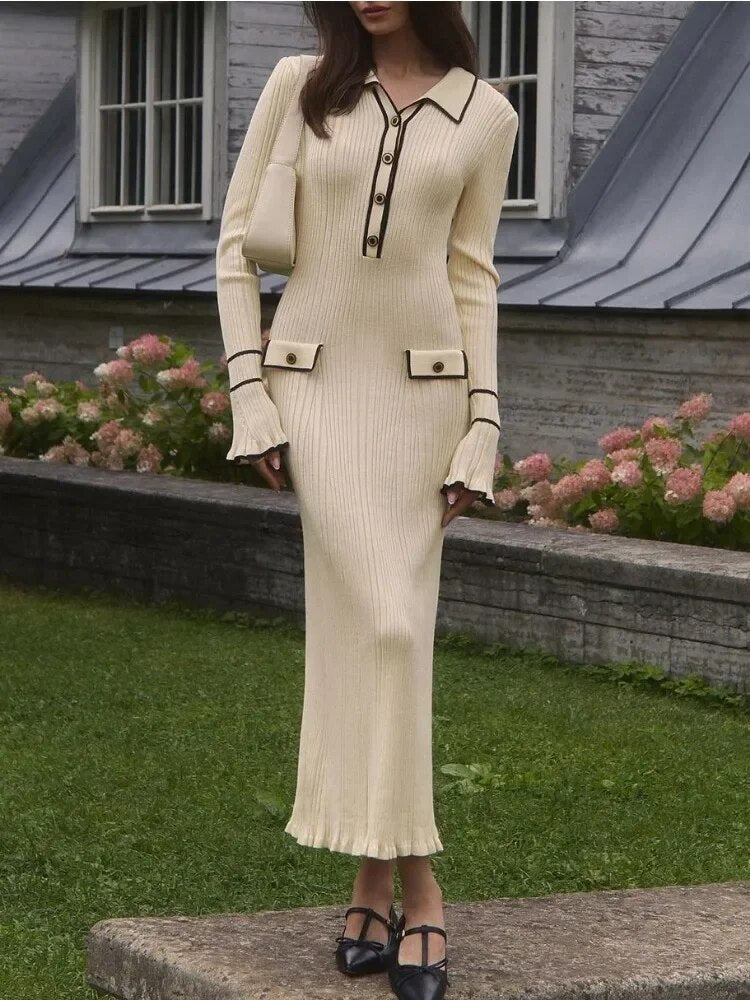 Ruffled Ribbed Contrast Long Sleeve Lapel Gown Knitwear Dress