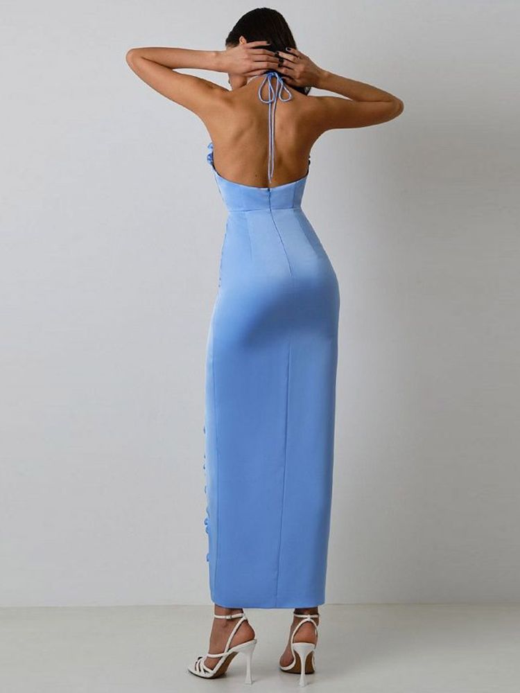 Strapless Open Back Flower Hollow Ruffle Edge Split Long Dress