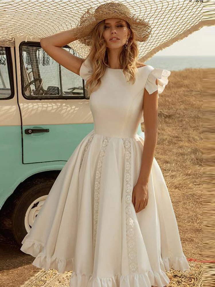 Ruffles O Neck Short Sleeve Midi Dress