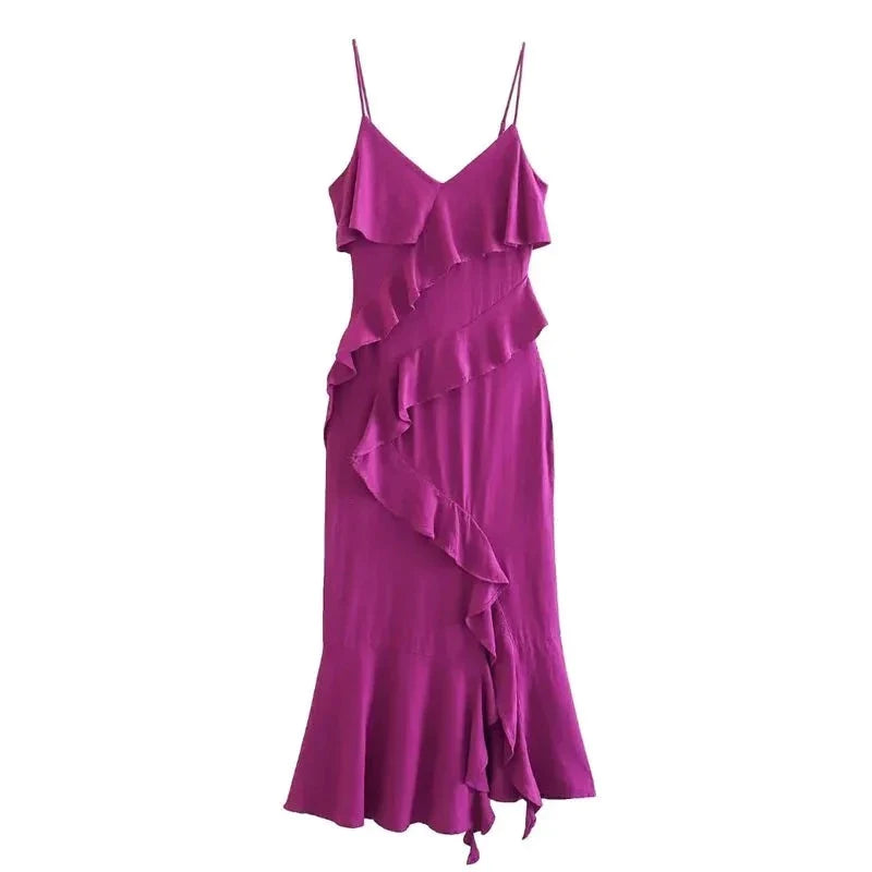 Purple Dress Ruffle Slip V-neck Backless Dress For Women