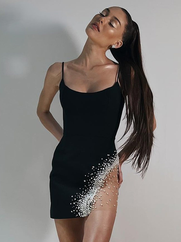 Women's Pearl Sleeveless Spaghetti Strap Black Mini Dress