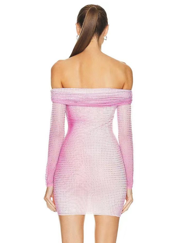 Women’s Gradient Diamond Mesh Off Shoulder Pleated Mini Dress