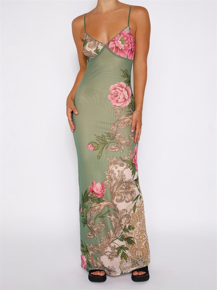 Floral Spaghetti Strap Backless V-neck Long Dress