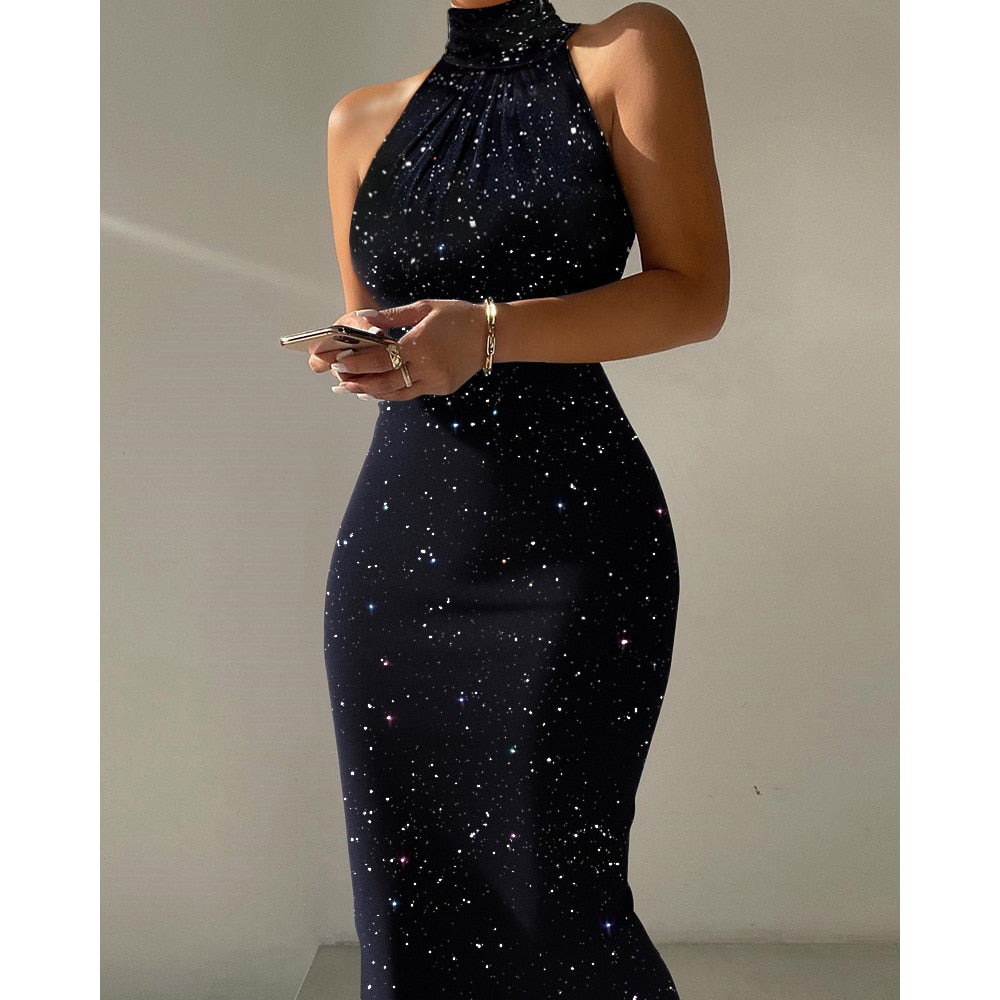 Glitter High Neck Sleeveless Midi Dress