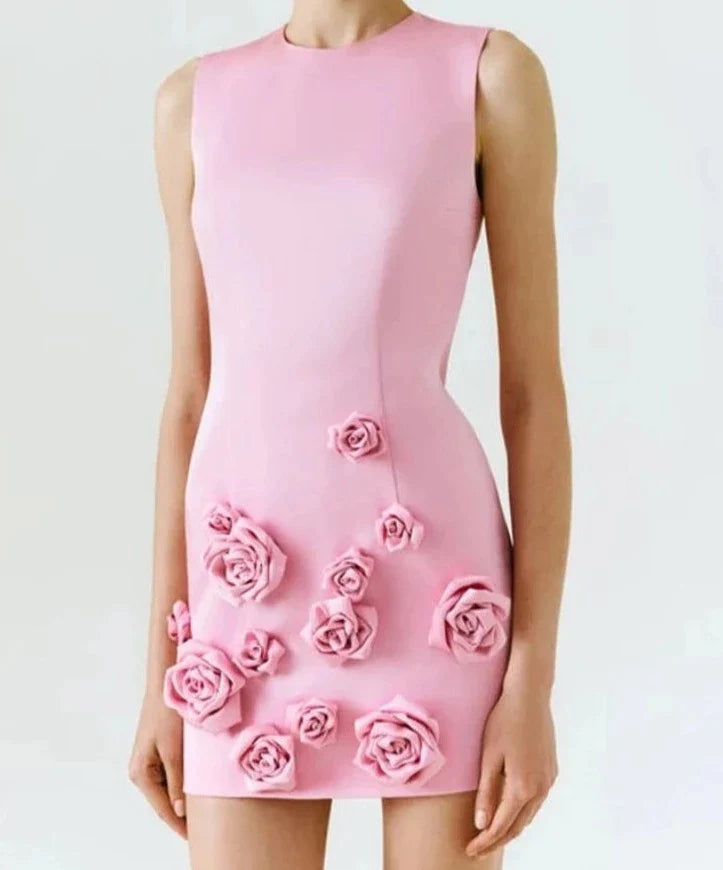 Women’s Pink 3D Flower Sleeveless Round Neck Mini Dress