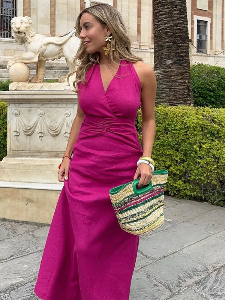 Pink Dress Pleated Deep V-Neck Halter Backless Maxi Dress