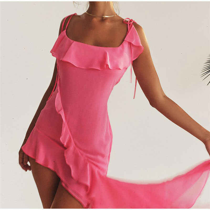 Pink Frill Tie-Up Mini Dress