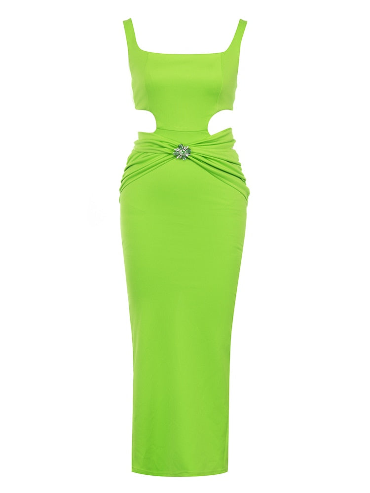 Hollow Out Green Square Collar Straps Backless Maxi Dress