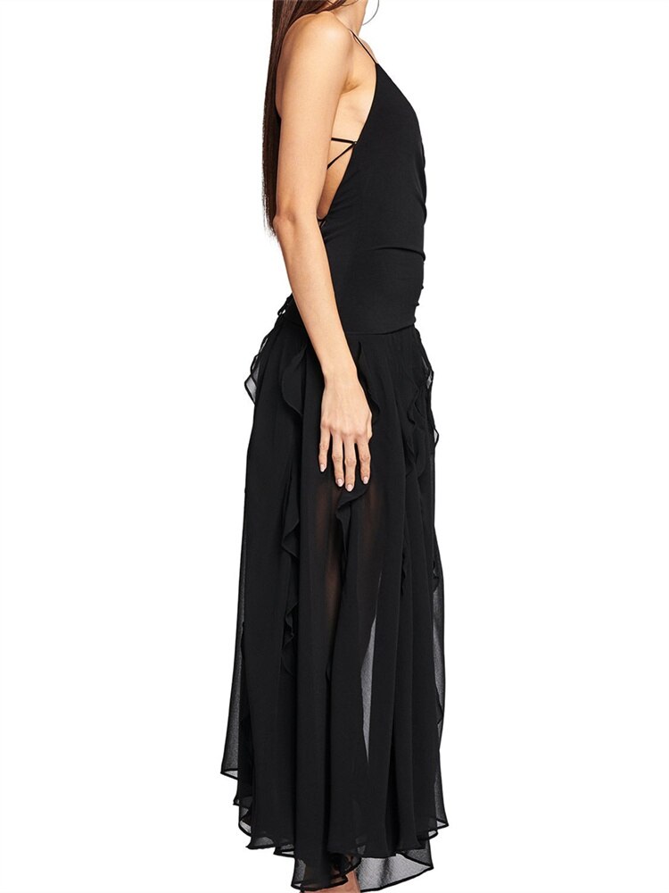 V-neck Ruffle Tassels Mesh Split Long Dress