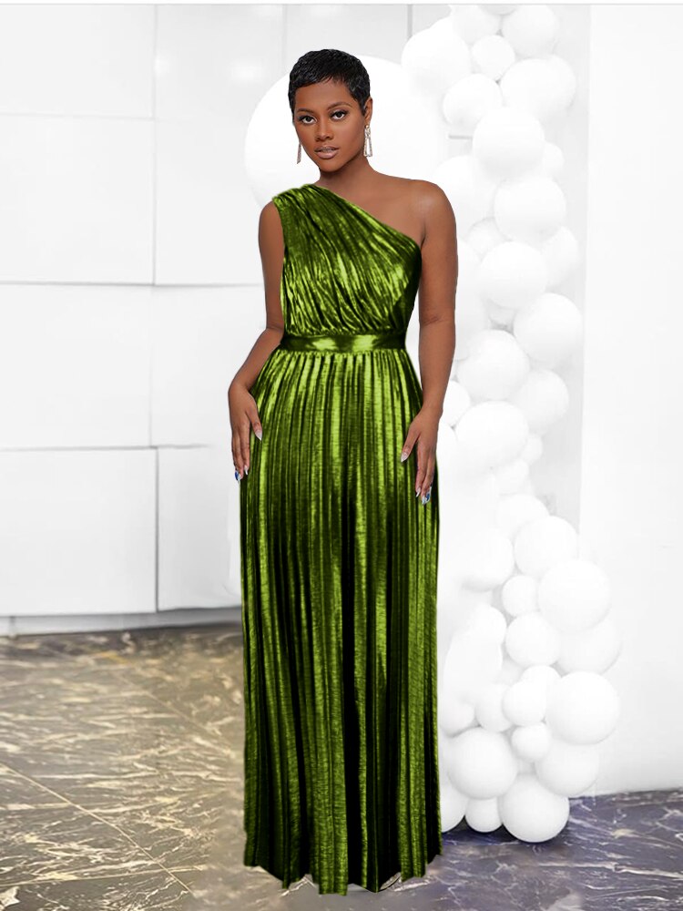 Long Metallic Pleated One Shoulder Sleeveless Maxi Dress