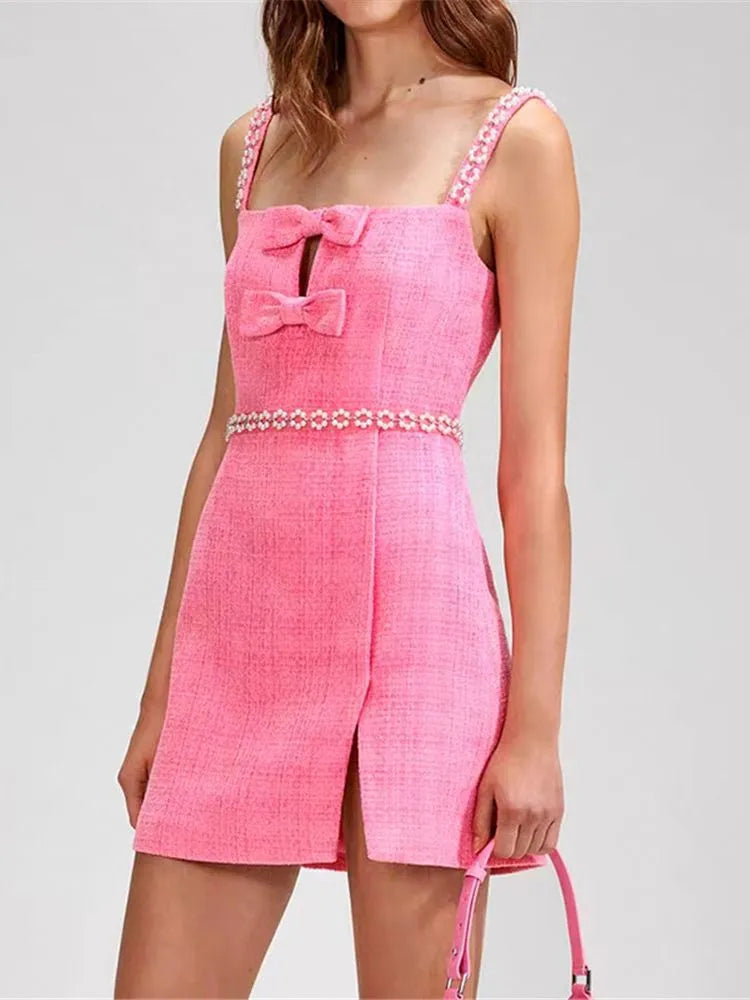 Bow Pink Tweed Sling Pearls Trim Short Dress