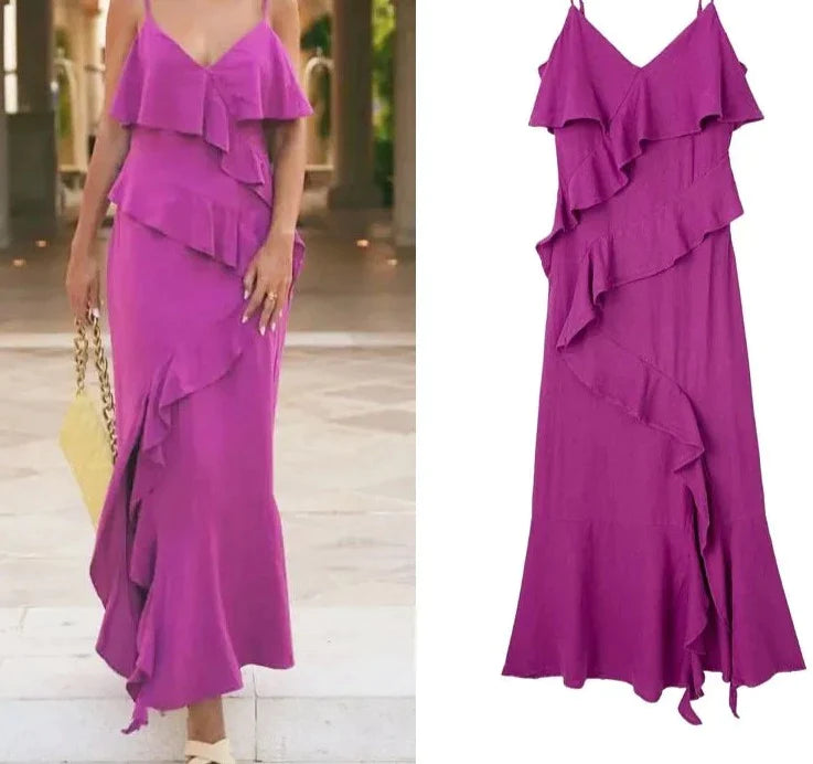 Purple Dress Ruffle Slip V-neck Backless Dress For Women