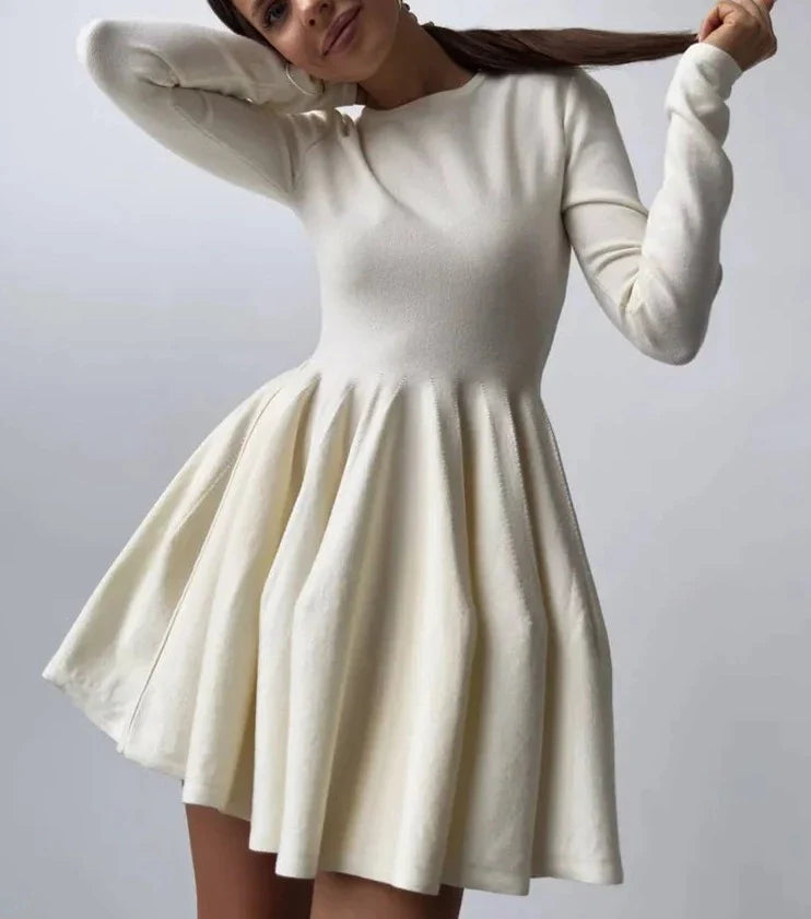 Elegant Long Sleeve O Neck Pleated Mini Dress