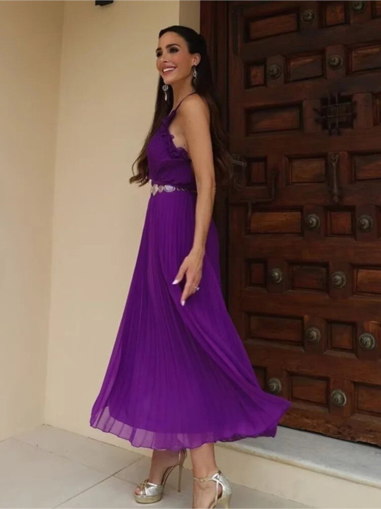 Purple Ruffles V-Neck Pleated Slip Maxi Dress