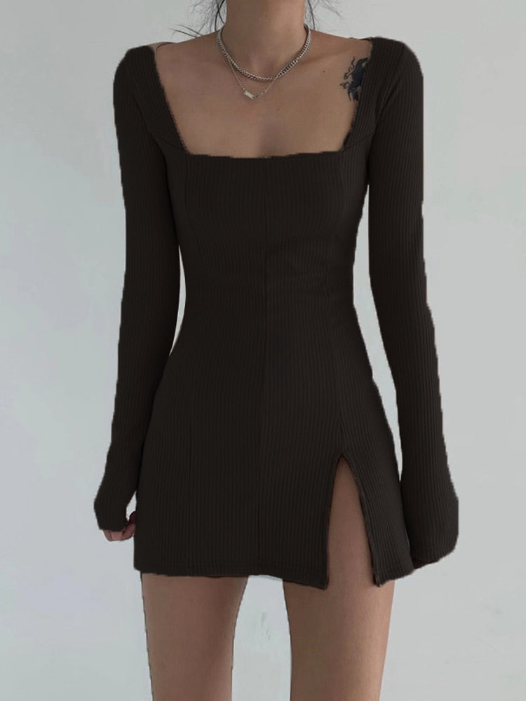 Square Neck Ribbed Side Split Mini Dress