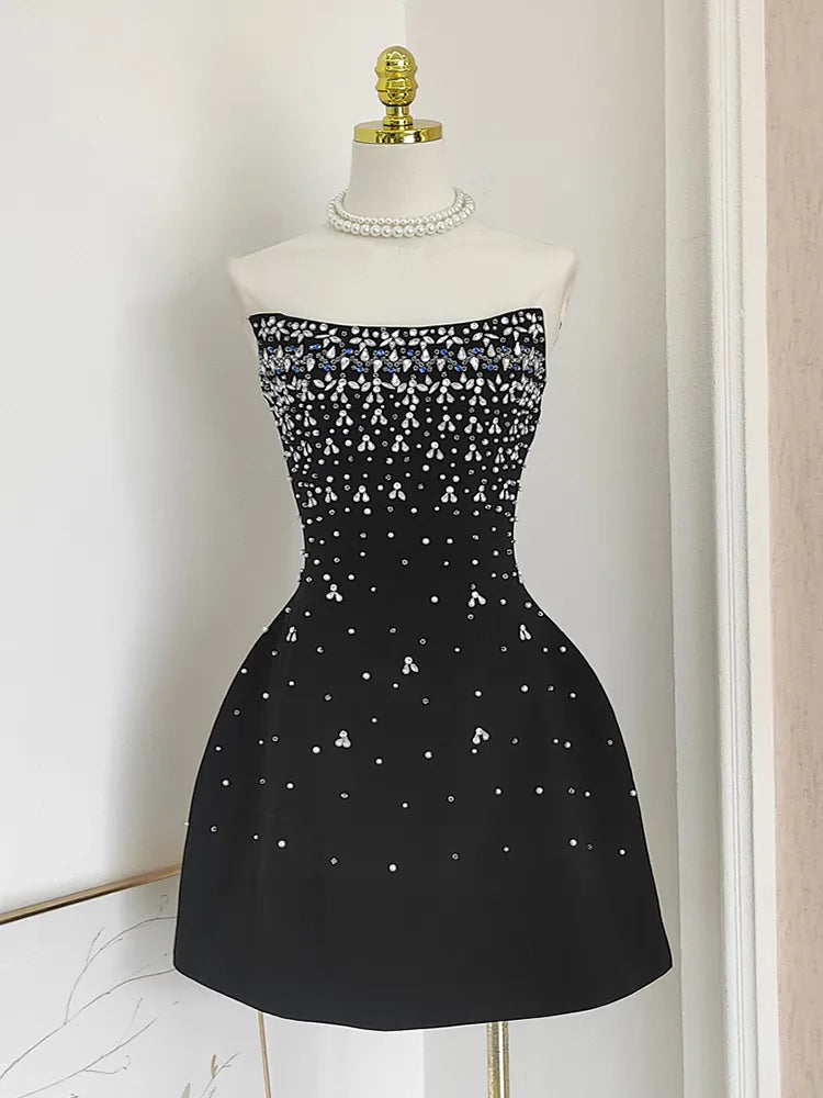 Diamond Spliced Slash Neck Sleeveless Black Mini Dress