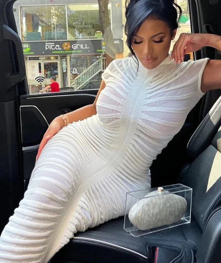 Knitted See Through Short Sleeve Maxi Dress