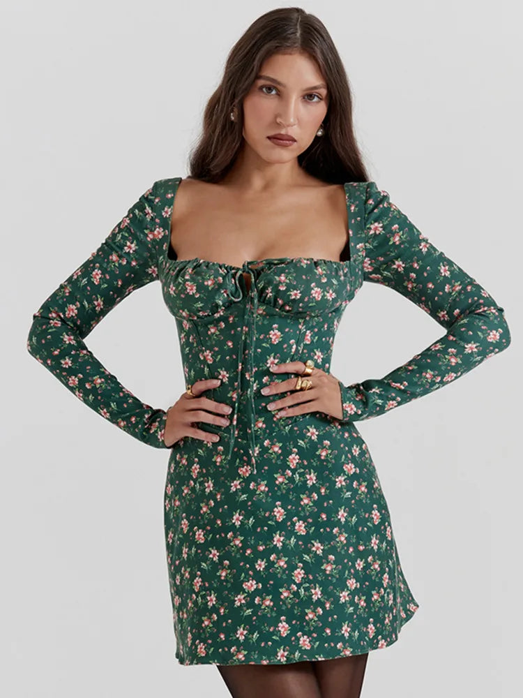 Green Long Sleeve Backless Print Floral Mini Dress