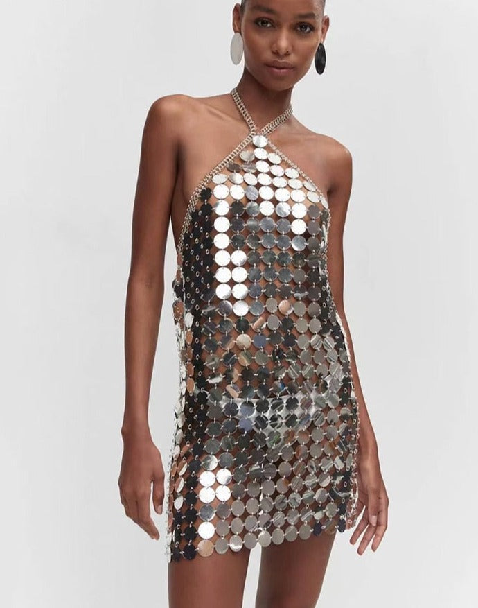 Women’s V-neck Backless Silver Sequin Chain Mini Dress