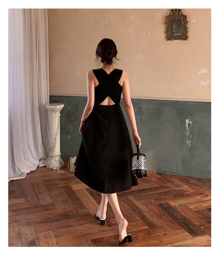 Hepburn Style Back Cross Midi Dress