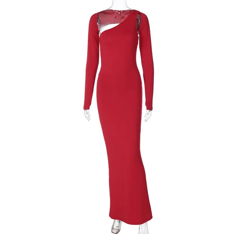 Asymmetric Cut Out Bodycon Long Sleeve Red Maxi Dress