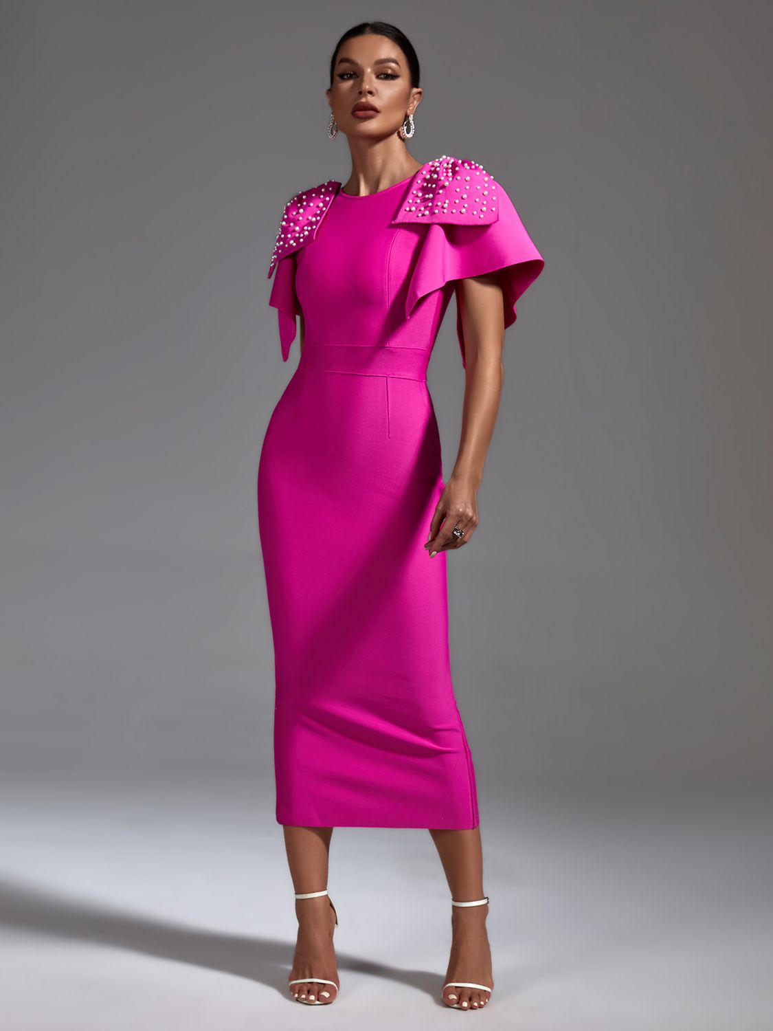 Women Pink Bodycon Beaded Ruffle Evening Club Outfit Midi Dress