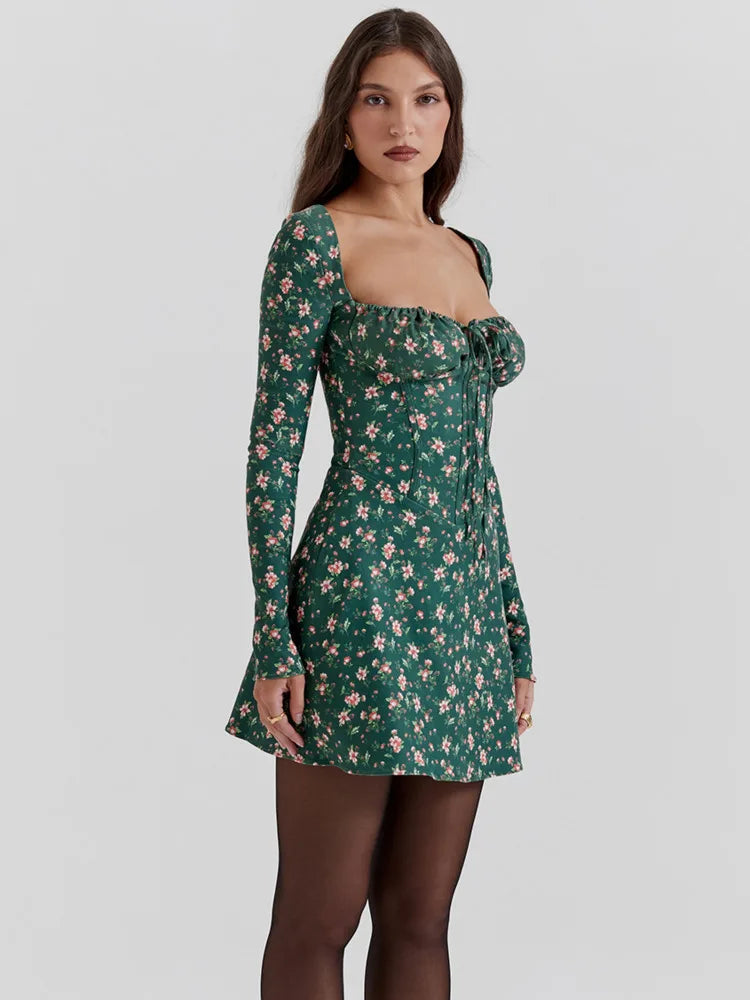 Green Long Sleeve Backless Print Floral Mini Dress