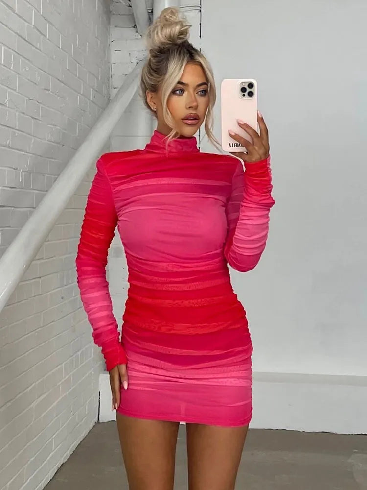 Turtleneck Long Sleeve Ruched Two Layer Mesh Mini Dress