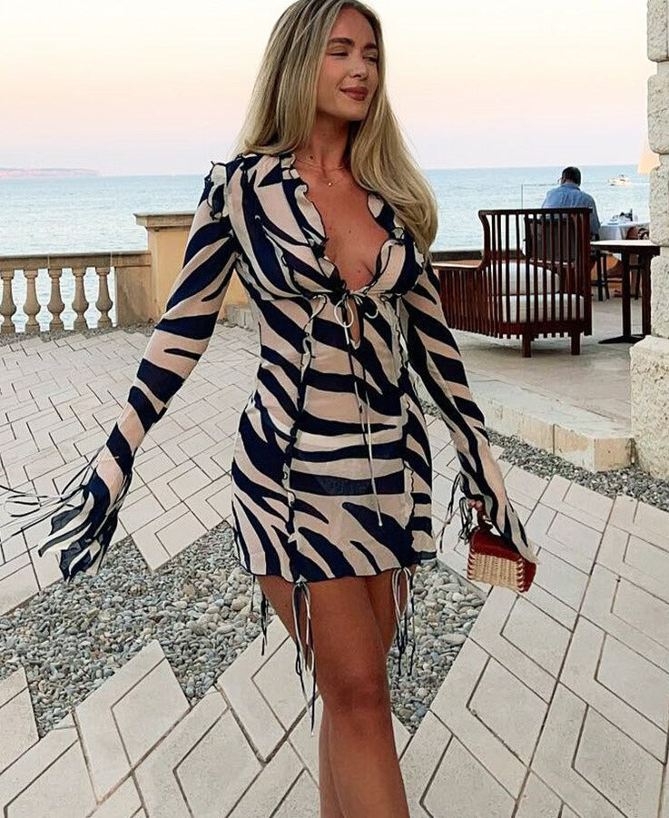 Print Long Sleeve Ruffles Mesh Mini Dress