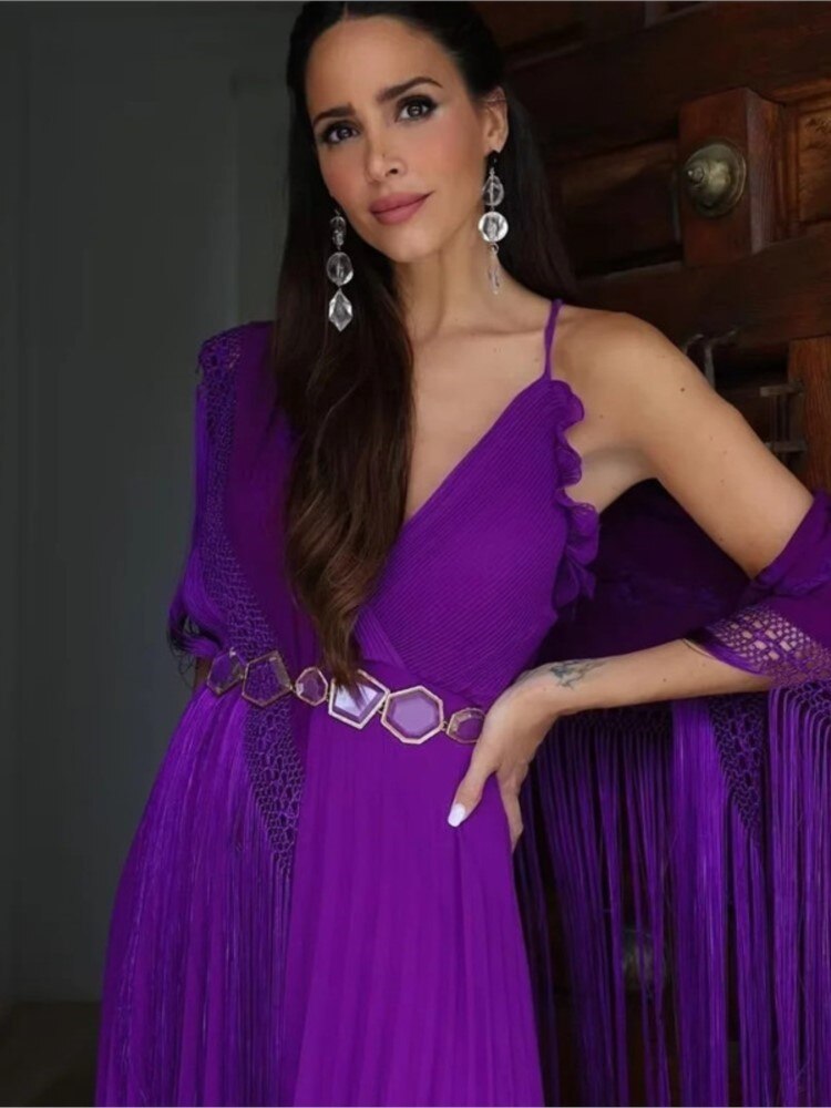 Purple Ruffles V-Neck Pleated Slip Maxi Dress