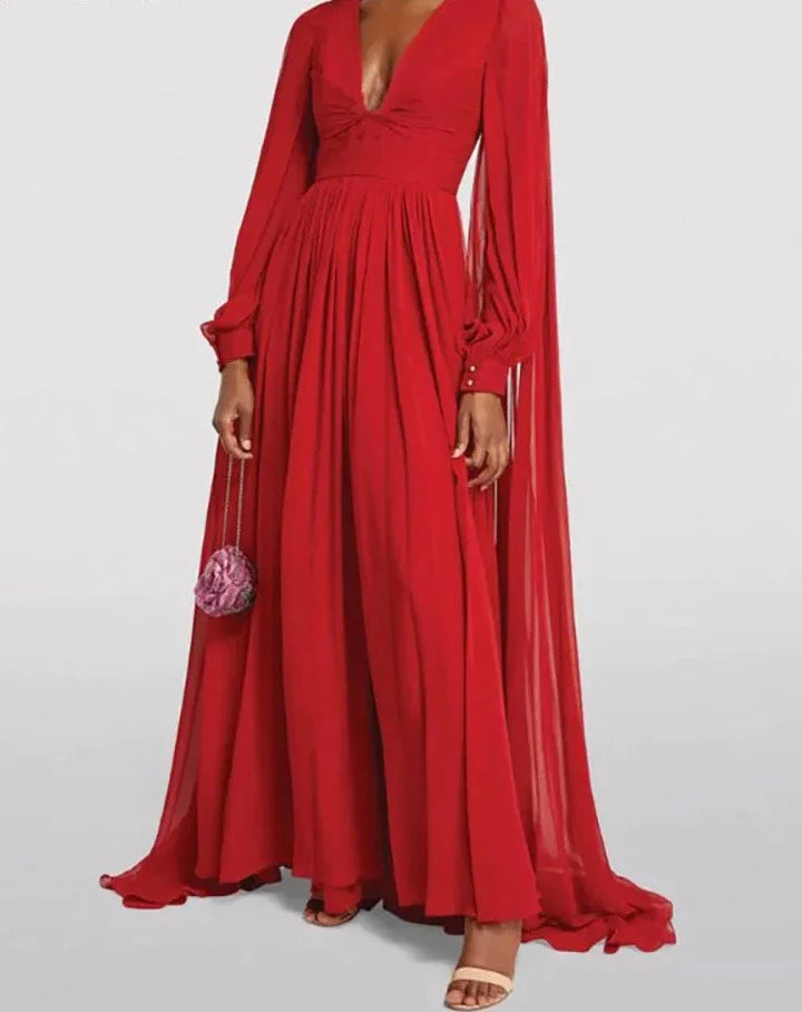 Red Dress V-neck Long Sleeve Hollow Out Pleated Maxi Dress