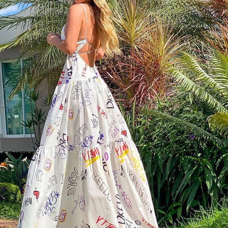 Backless Printed Loose Sleeveless Maxi Dress