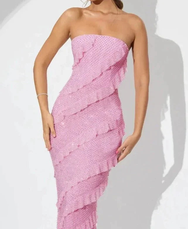 Pink Dress Ruffle Fringe Strapless Backless Evening Dress