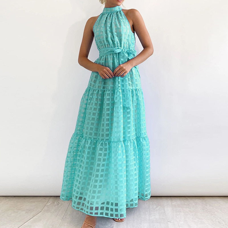 Women Loose Pleated Sleevelss Cascading Ruffle Maxi Dress