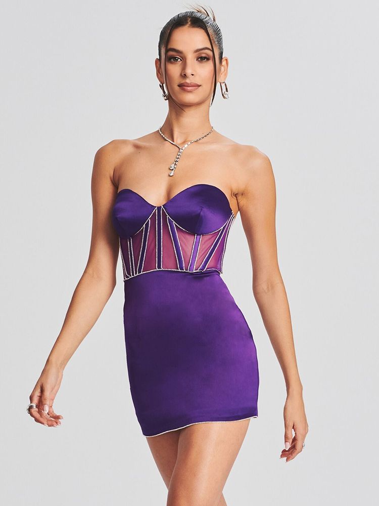 Satin Purple  Diamond Trim Strapless Mini Dress