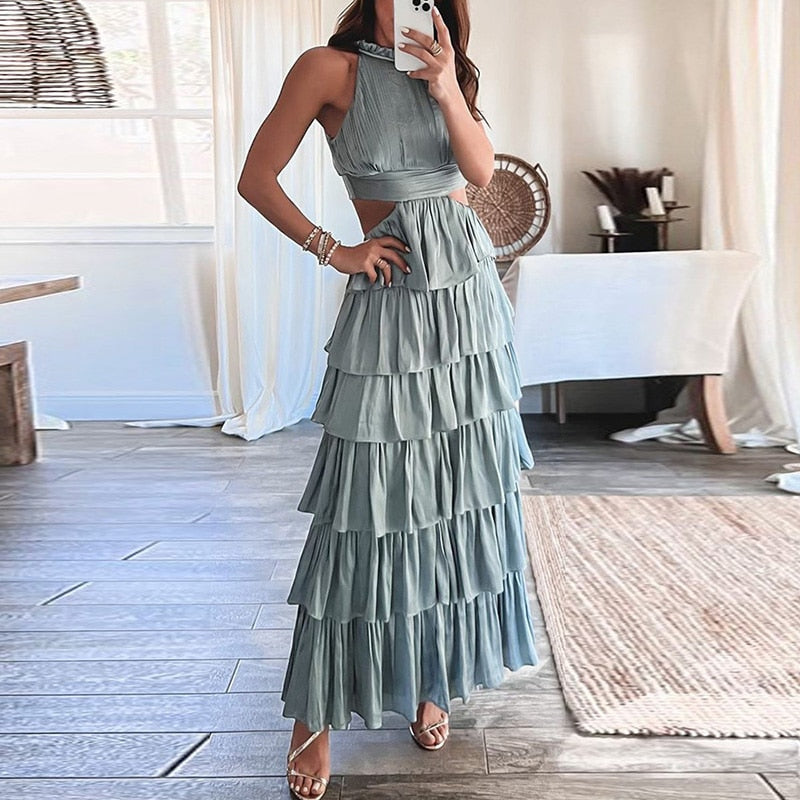 Hollow Out Cascading Ruffles Halter Sleeveless Boho Long Dress