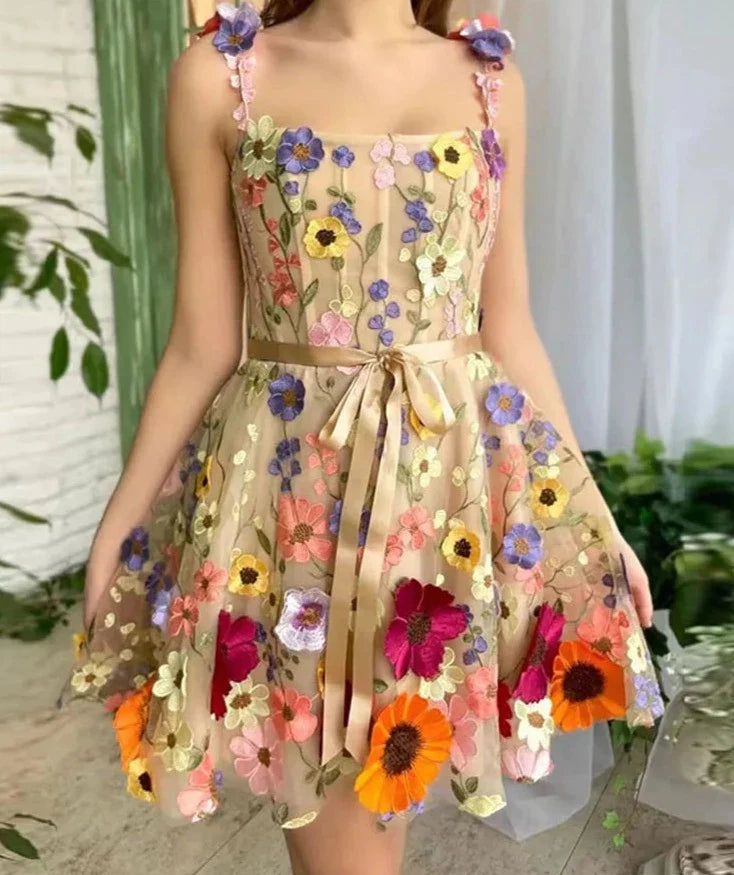 3D Flower Tulle Square Neck Mini Sling Dress A-line Gown