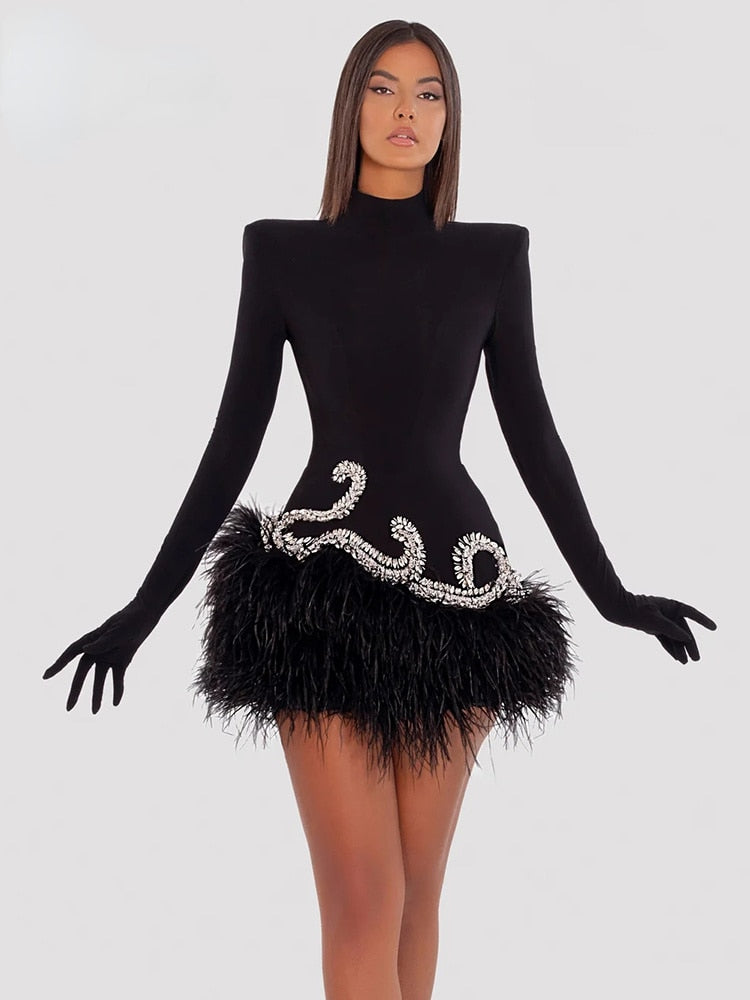 Women Long Sleeve Gloves Crystal Design Velvet Mini Feather Dress